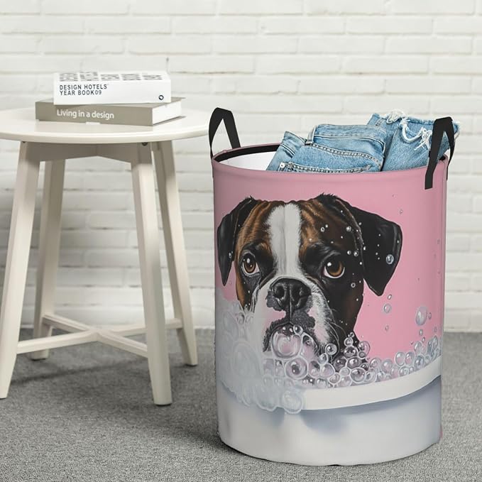 13.8x16.5 Inch Pinks Background Pet bubbles Laundry Basket, 38l | Portable clothing storage basket，foldable with handle, very for laundry rooms, bathrooms, student dormitories, home bedrooms