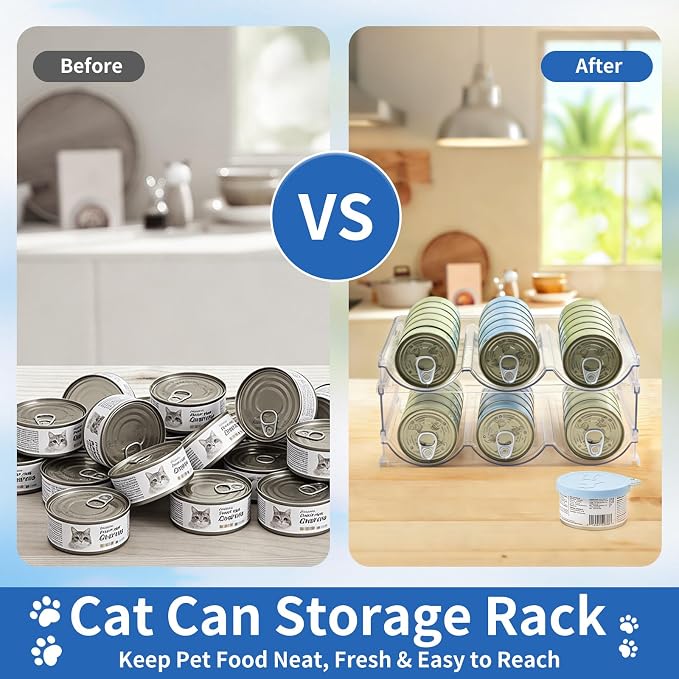 Cat Can Storage Organizer for Pantry, High Clear Acrylic Dog Canned Food Storage Rack 2 Tier Stackable Shelf for Pet Cans Dispenser with Can Cover Lid and Spoon