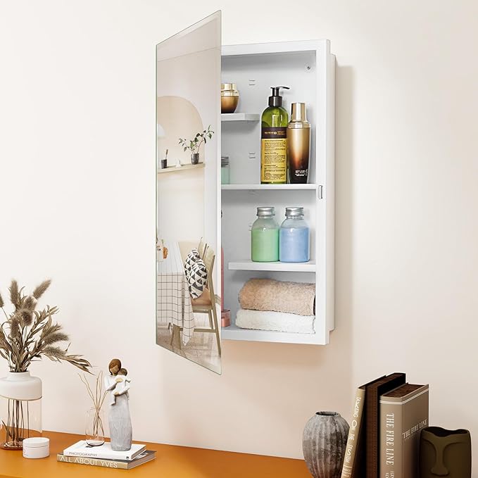 White 16x26 Medicine Cabinet, Beveled Mirror & Adjustable Staggered Shelves | Recessed or Surface Mount Bathroom Cabinet with Adjustable Staggered Shelves, Piano Hinge, Left/Right Swing & Fully Assembled