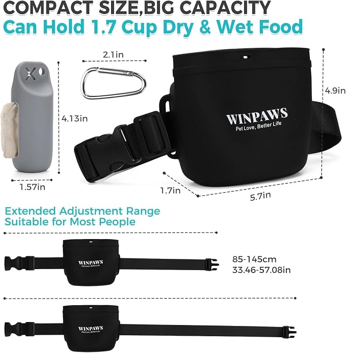 Silicone Dog Treat Pouch with Poop Bag Holder,Waterproof Magnetic Close Sealable Fanny Pack with Adjustable Waist Belt, Pet Puppy Training Essentials, One-Handed Opening with Press & Magnetic (Black)