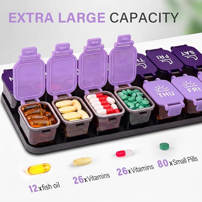 Yaklim Extra Large Weekly Pill Organizer, Detachable 7 Day AM PM Pill Box | XXL 14 Detachable AM PM Compartments；For Big Vitamins & Supplements； Easy to Open & Fill； Waterproof Seals； Easy Readability
