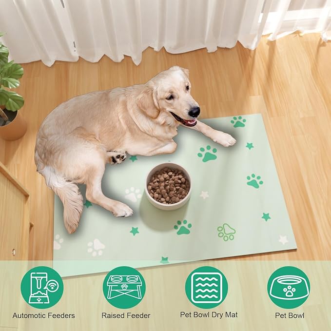 Pet Feeding Mat 12"x20"- Absorbent Dog Mat, Small Pet Food Mat, Rubber Pet Food Mat, Pet Food Mats for Floor Waterproof, Dog Water Matt for Sloppy Drinker, Cat Food Bowl Mat, Green