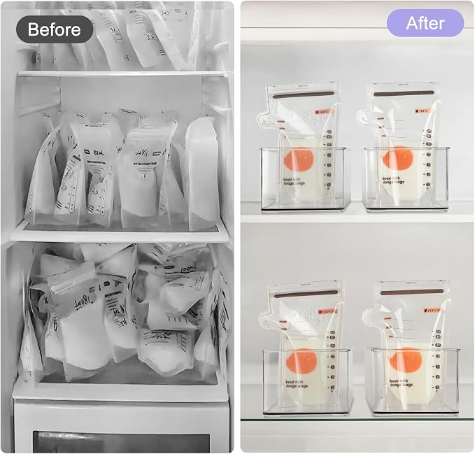 Hudgan 4 Pcs Storage Container Breastmilk for Fridge, Clear Organizer Bins for Milk Bags, Plastic Storage Bins for Freezer,Pantry, Bottles Bathroom, Vanity, Drawer and Yogurts,4.4" Wide
