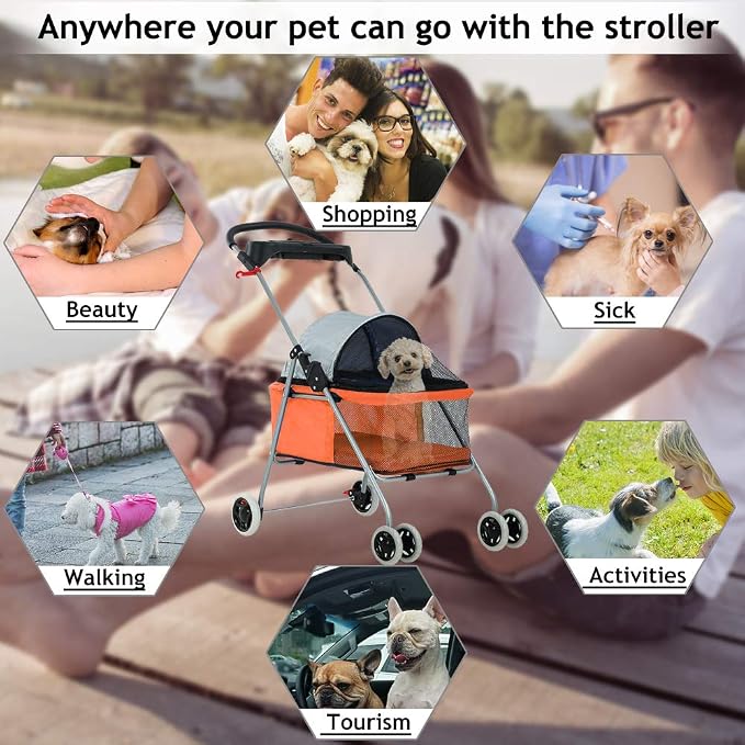 4 Wheels Pet Stroller Cat Dog Cage Stroller Protable Travel Folding Carrier Cart Waterproof Buggy Doggie Dog Stroller Jogger with Cup Holders for Small-Medium Dogs, Cat Orange