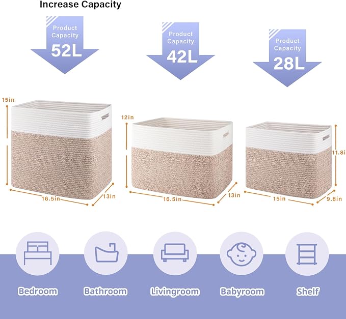 OIAHOMY 2 PACK Tall Storage baskets 55L Blanket Basket Living Room Brown | Large Collapsible Storage Bins Narrow Basket Baskets for Closet Organization Storage Baskets for Shelves Toy Storage Basket