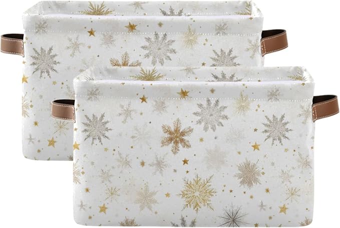 Winter Snowflake White Storage Basket with Waterproof Liner and PU Handles Golden Christmas Holiday Xmas Storage Boxes 14.2" Collapsible Decorative Organizer Baskets for Bedroom Closet Office 2 Pack
