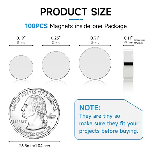 8x3mm Small Neodymium Magnets for Crafts 100 Pack, N35 Grade 1.5lb | Mini Magnets Refrigerator, for 3D Printing, for Diy Projects, for Fridge, Tiny Round Rare Earth, Little Button Strong