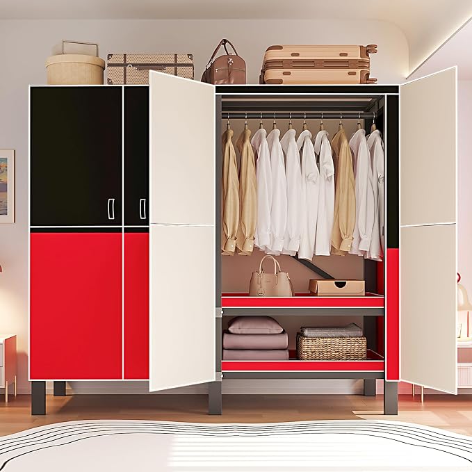 Heavy Duty Clothes Rack with Cover, Portable Wardrobe Closet with Magnetic Door & Black Steel Frame, Foldable Freestanding Garment Storage (Red-Magnetic Door, 70.8''L x 20.5''W x 67''H)