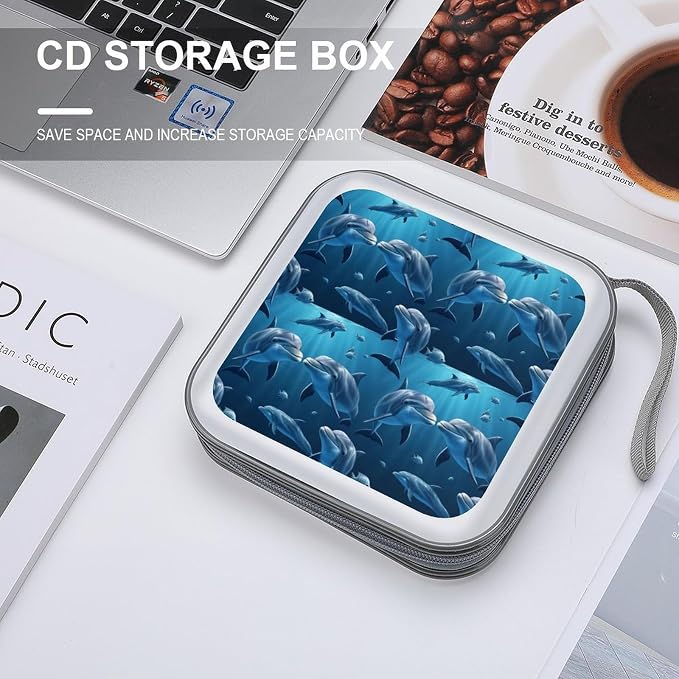 Protective 40-Disc CD/DVD Wallet Ocean Sea Animal Lover Dolphin, Hard Plastic Storage Binder with Handle, Portable Organizer for Car Office Travel