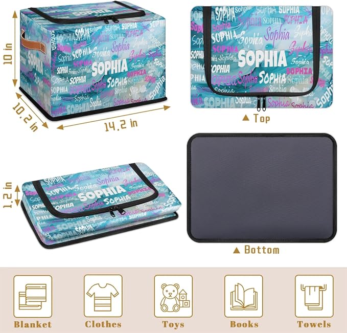 Personalized Name Storage Basket with Zipper Lid, Canvas Storage Bins Toys Clothes Organizer for Bedroom, Kitchen, Bathroom, Nursery, Shelves, Closets, Water Blue Background