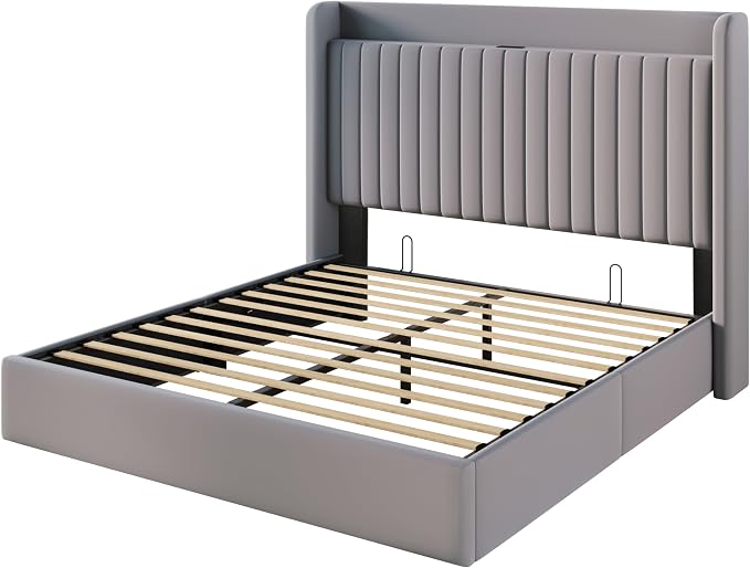 SHA CERLIN Full Size Lift Up Storage Bed Frame, Charging Station, Grey | Storage Headboard with Charging Station, USB, Type-C Port Velvet Hydraulic Storage Bed No Box Spring Needed Noise Free