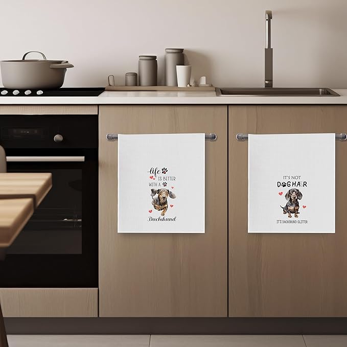 Dachshund Gifts Dish Towels Set - Funny Dachshund Gifts Decorative Waffle Weave Kitchen Towels, Wiener Dog Gifts for Women Hand Tea Towels (16×24 Inches Set of 2)