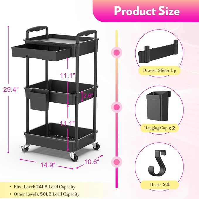 SUNALLY Makeup Cart Organizer with Drawer,3 Tier Rolling Makeup Cart, Black | Rolling Vanity Storage for Skin Care Perfume Nail Polish, Floor Skincare Organizers Cosmetics Display Bathroom Storage Cart