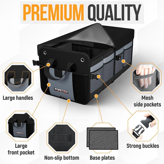 FORTEM Trunk Organizer - Collapsible Car Organizer & Storage Bag for SUVs | Car Accessories for Men & Women, Cooler Bag, Non Slip Bottom, Straps, Soft Cover, 1680D Oxford, 3 Compartments, Grey, 50L