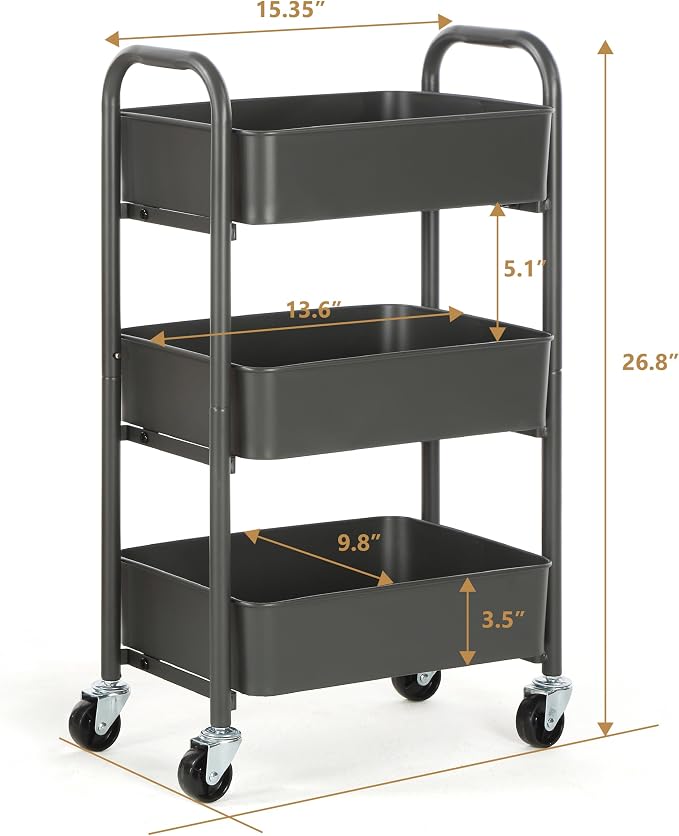 SunnyPoint 3-Tier Delicate Compact Rolling Metal Storage Organizer - Mobile Utility Cart Kitchen/Under Desk Cart with Caster Wheels (Gray, 15.35" X 10.24" X 26.8"H)