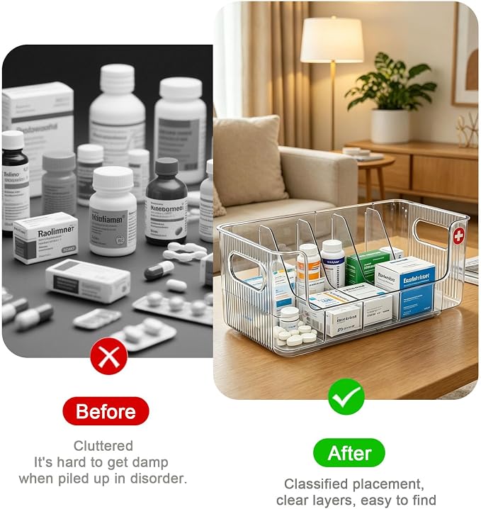 Clear Expandable Medicine Organizer for Cabinet & Countertop, Large First Aid Storage Bin with Removable Dividers, Adjustable 6-Compartment Medication Organizer Box for Bathroom Pantry