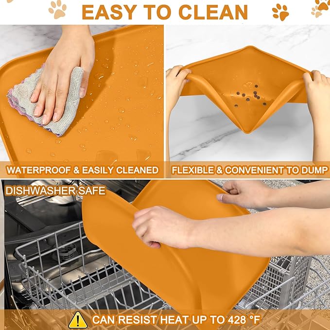 Smilool Silicone Pet Food Mat with Raised Edge for Food and Water Bowl, Dog Feeding Mats, Cat Food Trays for Floor Waterproof, Rubber Tray for Dogs and Cats, 24 x 16 x 0.8 Orange