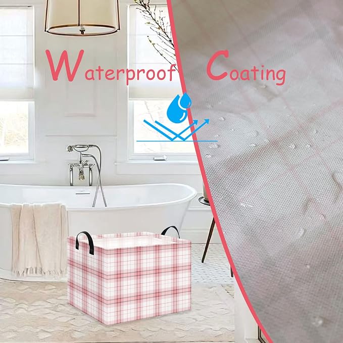Pink Plaid Waterproof Multipurpose Foldable Storage Cift Basket with Leather Handle,Baby shower,Home,Picnic,Trunk(Pink Plaid)