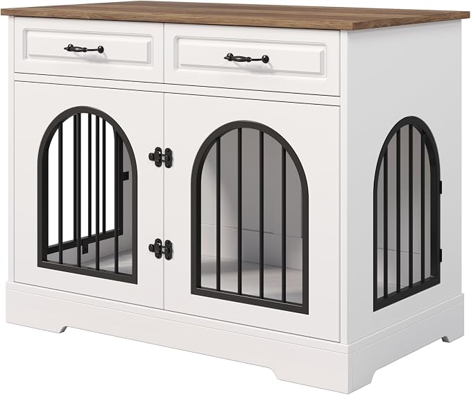 43.3" Dog Crate Furniture for Medium Large Dogs, Heavy Duty Indoor Kennel with Side Doors and 2 Storage Drawers, End Table Dog Cage, MDF & Iron Construction, White & Brown, Sturdy TV Stand Furniture