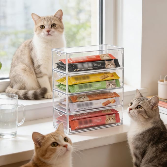 Lickable Cat Treats Organizer with 4 Drawers Clear Acrylic Cat Food Organizer for Wet Puree Tubes Countertop Treat Storage Display Container