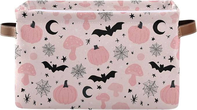 Happy Halloween Pink Storage Basket with Waterproof Liner and PU Handles Pumpkin Bat Moon Mushroom Storage Bins Boxes 14.2" Collapsible Decorative Organizer Baskets for Bedroom Closet Office 1 Pack
