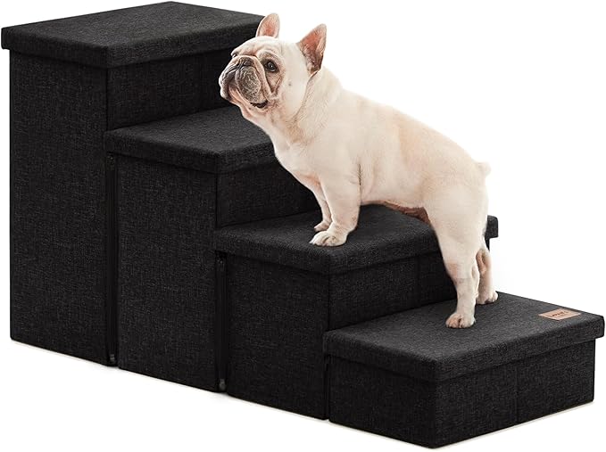 Love's cabin Dog Stairs for High Bed, Foldable Pet Stairs for Small Medium or Large Dogs Puppy with Storage for Bed or Couch, Cat Dog Steps Ramp with Zip up to 200 lbs, Black, 4 Steps
