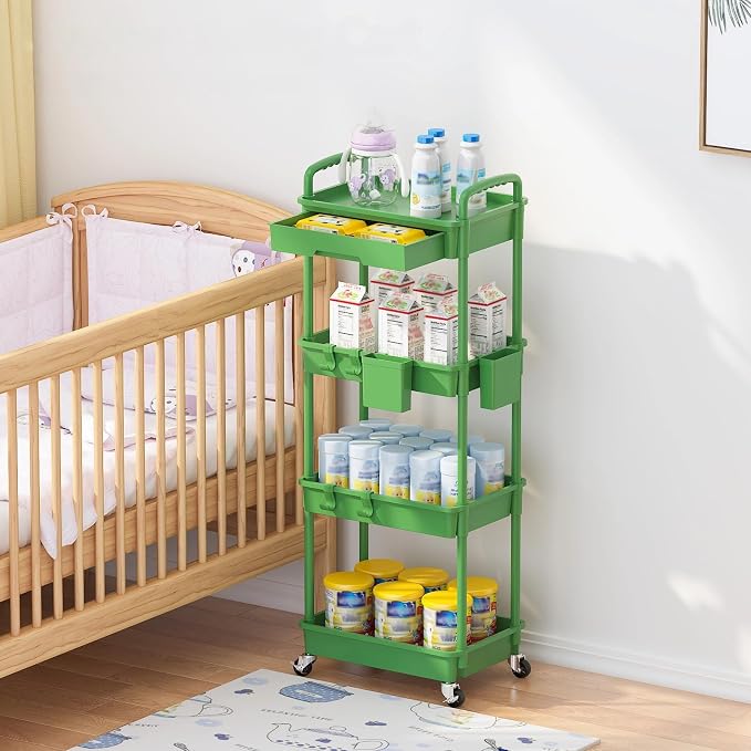 4 Tier Rolling Utility Cart with Drawer, Plastic Storage Organizer Rolling Carts with Wheels Handles Hanging Cups Hooks for Office, Bathroom, Kitchen,Craft Art Room (Green)