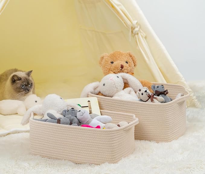 CubesLand Cute and Durable Small Cotton Rope Basket for Organizing | Woven Closet Storage Bin,Shelves Closet Storage Basket, Bathroom Storage Organizer Bin, Nursery Toy Basket Bin, Beige Basket