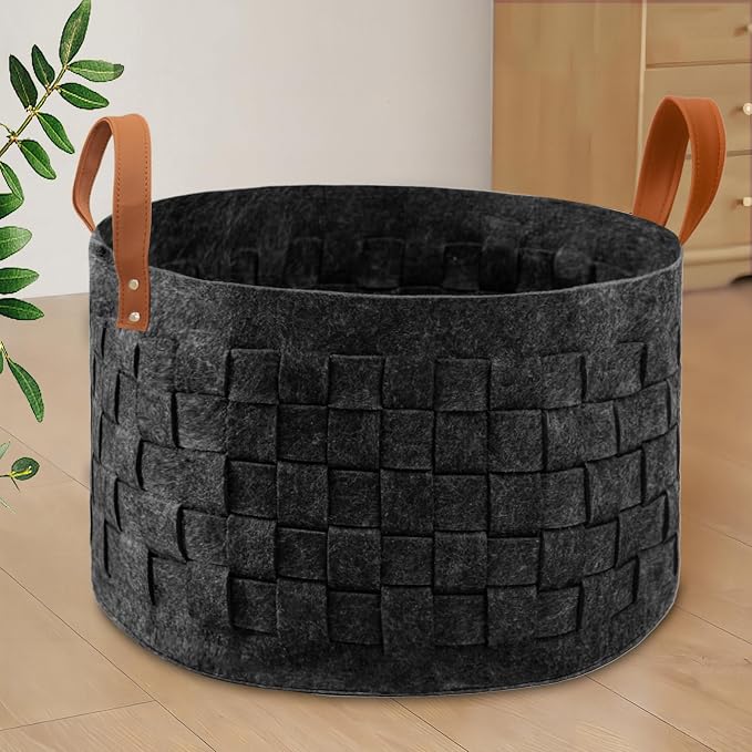 boldmonkey Laundry Basket 20 " x20 x11.8 , Large Round Blanket Basket with Leather Handle, Felt Storage Basket for Living Room, Nursery, Dog Toys-Dark Gray