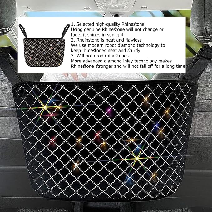 zipelo Bling Car Net Pocket Handbag Holder, Rhinestone Vehicle Backseat Purse Organizer Between Seats, Diamond Hanging Storage Bag Barrier of Pet Kids, Universal Automotive Accessories (Multicolor)