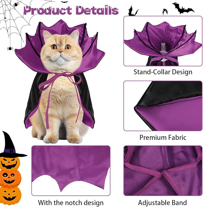 Dog Halloween Costume, Pet Cape for Small Puppy Dogs Cat Funny Red & Black Halloween Costumes with Neck Armor Adjustable Strap Idea for Vampire Party Cosplay (Purple Bat, S)