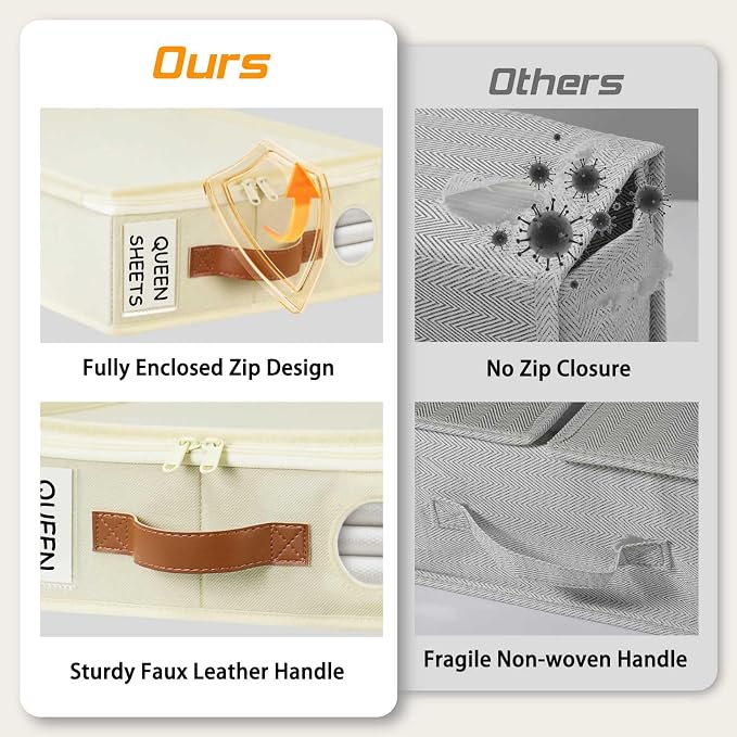 GhvyenntteS 12 Pack Sheet Organizers and Storage, Foldable Bed Sheet Organizers and Storage with Zipper, Handle, Window and Label (Queen & King Size)