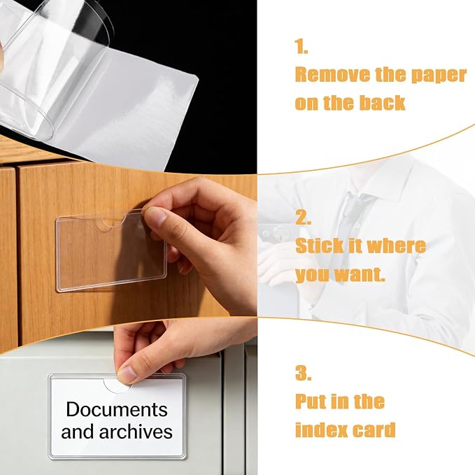 100 Packs Adhesive Label Storage Bin Pockets Clear Plastic Index Card Pockets Sleeves Adhesive Pouches Card Holders with Top Opening for Storage Bins, Library, Office (3.7 x 2.28'')
