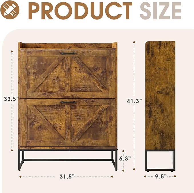 GRUSIGN Shoe Cabinet, Shoe Storage Cabinet with 2 Flip Drawers & Adjustable Shelf, Space-Saving Shoe Organizer – Holds 16+ Pairs, Narrow Shoe Cabinet Storage for Entryway/Hallway（Brown）