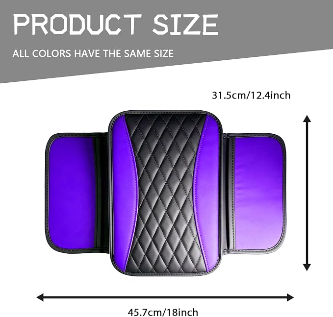 Leather Car Center Console Cover with Side Storage Pockets, Waterproof Armrest Cushion Protector Organizer for Vehicles SUVs, Interior Accessories, Car Decorations Stylish Arm Rest Pad (Purple)