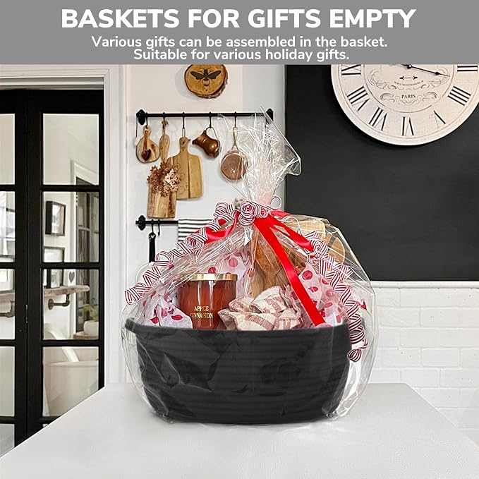 Goodpick Small Woven Rope Gift Basket Empty, 12" x 8" x 5", Black | Durable Boo Basket for Baby Showers Toys Storage, Fits Living Room Bathroom Organization, with Durable Handles