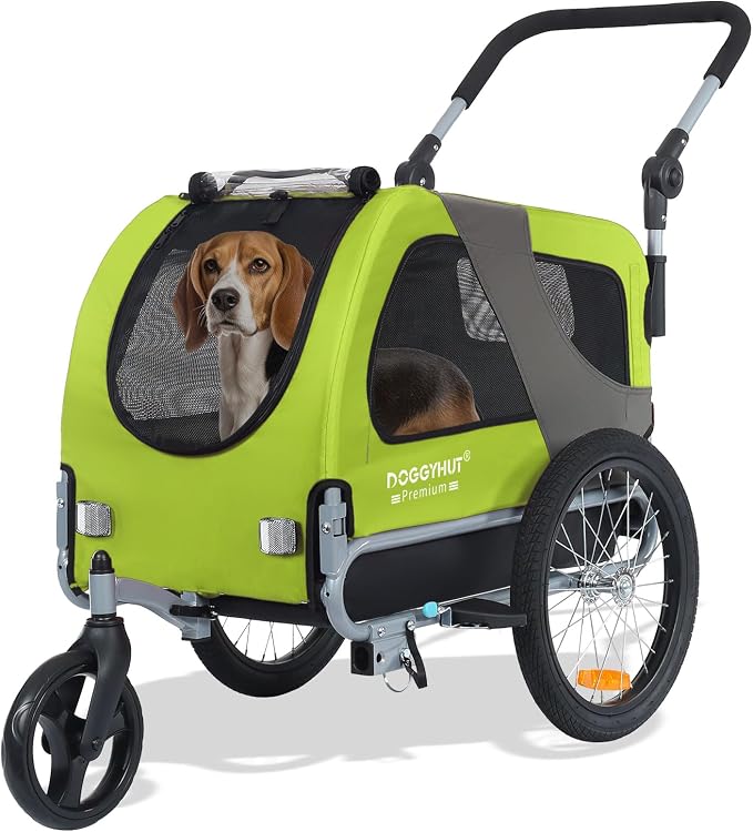 DOGGYHUT® Premium M Pet Bike Trailer & Stroller Up to 50 lbs (Lime Green) | Bicycle Trailer for Small or Medium Dogs, Dog Bicycle Carrier, Low Center of Gravity, Folding Frame Cart
