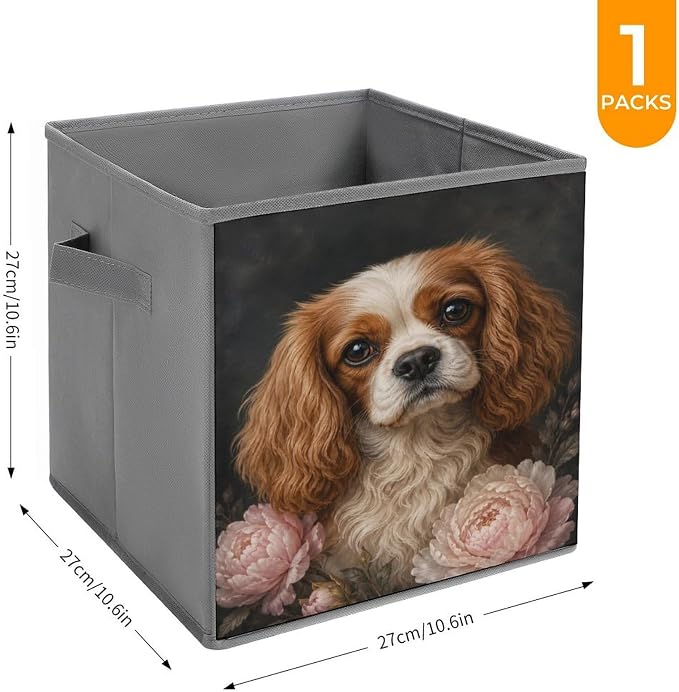 Cocker Spaniel With Peonies Storage Bin with Handles, Oxford Fabric Foldable Storage Cube Organizer for Clothes, Towels, Bedroom, Living Room, Home Organization