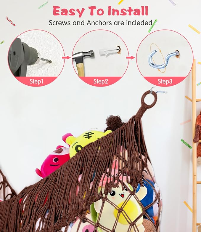 Stuffed Animal Hammock - Extra Large 63'' Long (Chocolate color) | Premium Cotton Hand-knitted, Beautiful Long Tassel, Storage Hanging Organizer, Can Fit Stuffed Animals 40 Piece or More