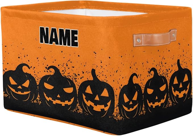 Custom Name Storage Bin, Personalized Rectangular Storage Basket with Handles for Organizing Boys Girls Toys Office Closet Shelf Baskets, Watercolor Orange Black Pumpkins Halloween