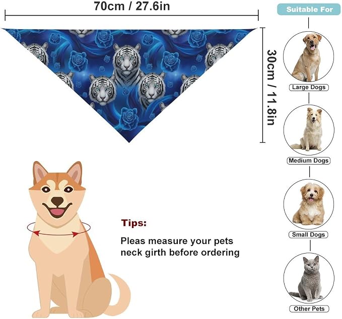 Portable Lightweight Triangle Pet Scarf Blue Rose White Tiger Fit Small, Medium, Large Dogs and Cats Wedding, Beach Party, Family Party Wear