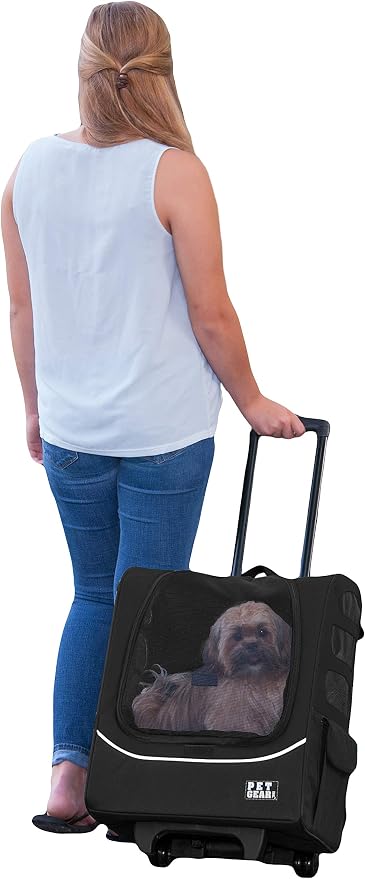 Pet Gear I-GO2 Roller Backpack, Large/X-Large Traveler Plus, Onyx | Travel Carrier, Car Seat for Cats/Dogs, Mesh Ventilation, Telescoping Handle, Storage Pouch, Included Tether