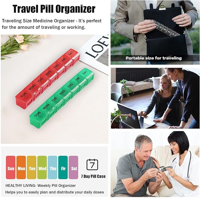 2 Pack Weekly Pill Organizer, Large 7 Day Travel Pill Case (Red & Green) | Daily Vitamin Case Medicine Box, AM/PM Pill Containers Twice a Day for Medicine Supplements Fish Oil, Portable & Durable