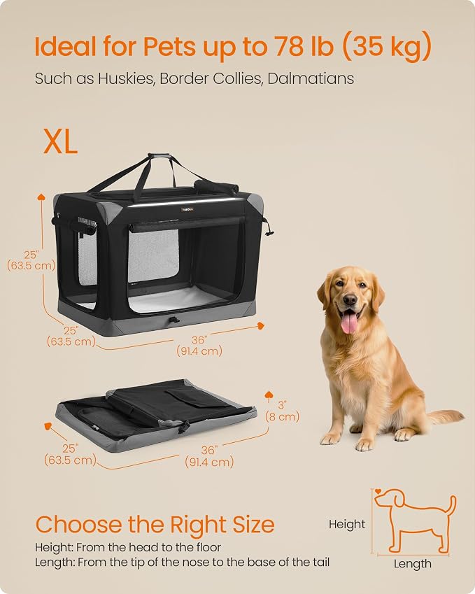Feandrea Collapsible Dog Crate, Portable Oxford Fabric Pet Travel Crate with 4 Mesh Doors, Handles, Pocket, 36 Inches, for Large Dogs, Ink Black and Dove Gray UPDC029BH01