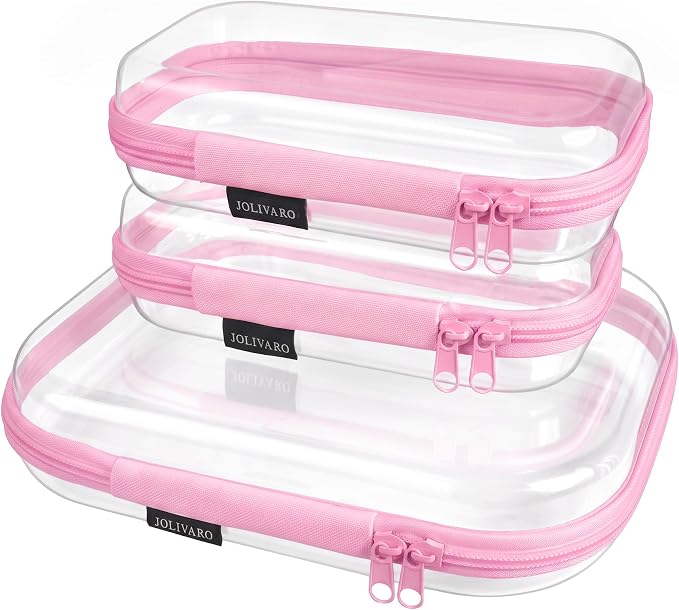 Clear Hard Shell Zipper Case Makeup Storage Organizer Pouches TSA Approved | Travel organizer bags for toiletries, cosmetics, electronics & diaper bins. Multi-size for office, camping, beach & home