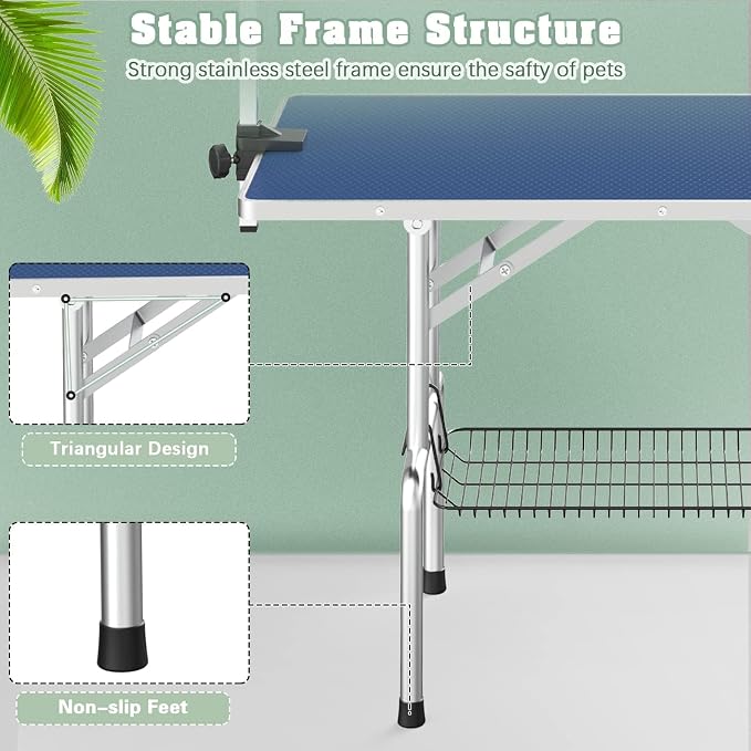 42'' Stainless Steel Pet Dog Grooming Table, Arm/Noose/Tray, Blue | Foldable Dog Grooming Table for Dogs at Home, Adjustable Height Arm, Non-Slip Waterproof Tabletop, Capacity 330Lb