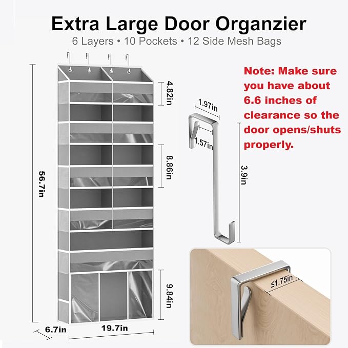 Over the Door Hanging Organizer - 50lb Load Closet Door Storage with Large Pockets, Behind The Door Organizer for Bathroom Nursery Dorm