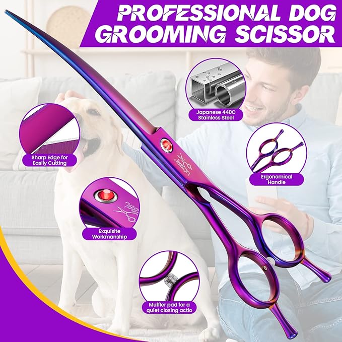 JASON 7" Dog Grooming Scissor - Professional Down-curved Shear with Ergonomic Handle Japanese Stainless Steel Trimming Scissor for Dogs, Cats and Other Pets, Sharp (Curved, Purple) Christmas Gift