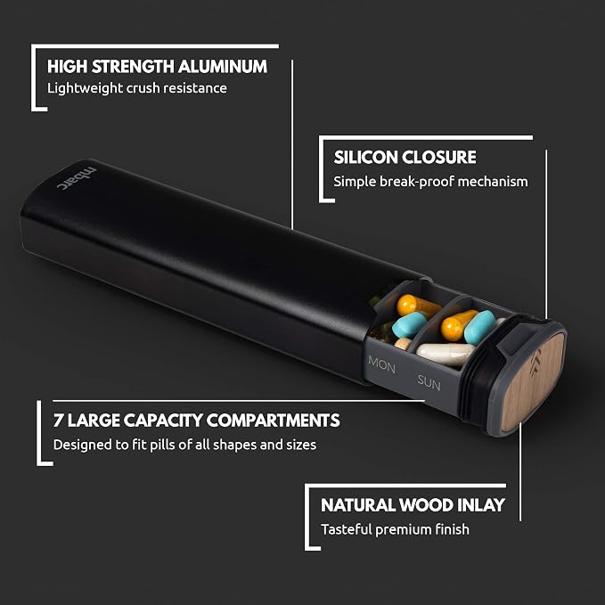 HigherHuman 7 Day Weekly Pill Organizer 2.0 by mbarc - Premium Stylish Aluminum and Wood Large Capacity Pill Box for Supplements, Pills, Vitamins and Medication. (Midnight Black)