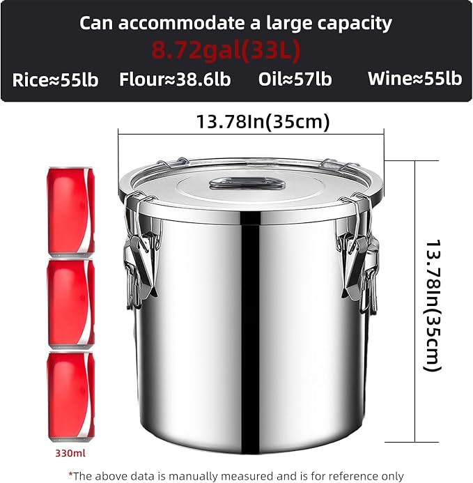 Stainless Steel Airtight Food Storage container with Lid for Pantry Kitchen | 8.72Gal/33L/1116oz food-grade 304 stainless steel container with airtight lid for flour rice grains pet food metal canister
